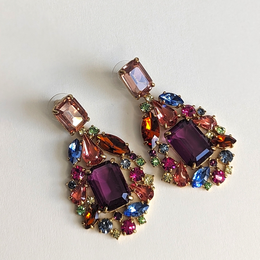 J. Crew Multi Jewel Cluster Drop Stone Dangle Earrings Amber Blue Green Magenta